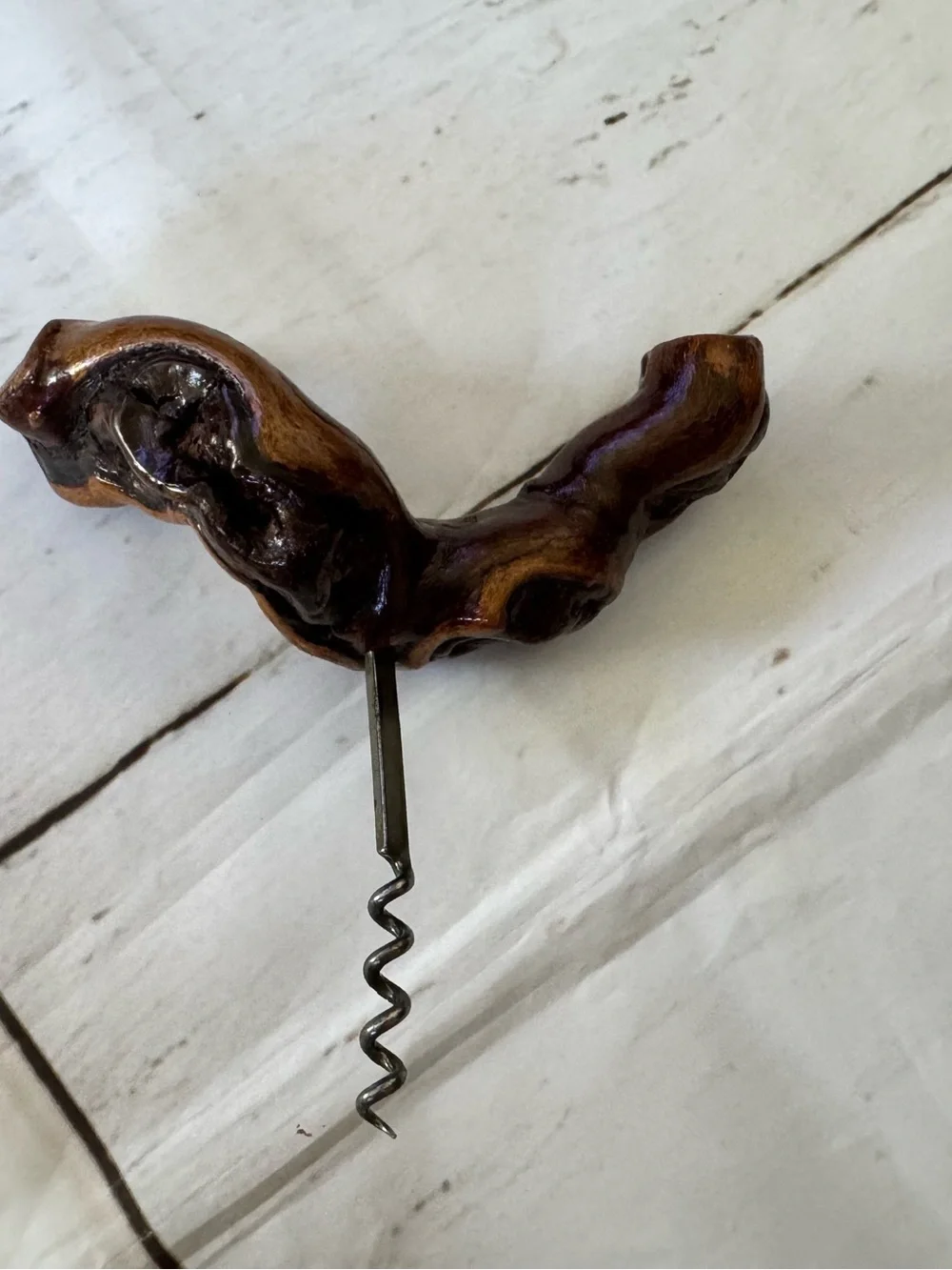 Hand-Carved Brown Wood Corkscrew VGUC